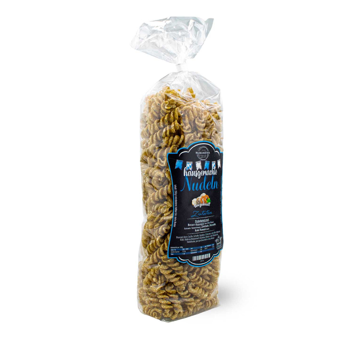 Verpackung bayerische Breznknedl-Nudeln hausgemacht. Dunkelbraune Nudeln, gewellt, aus Dinkelgrieß.