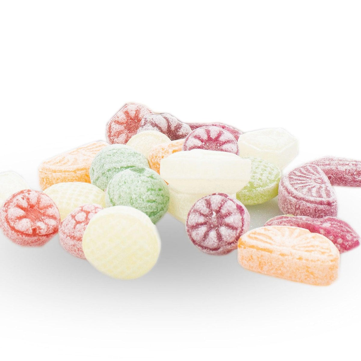 Bunter Mix klassischer Bonbons, zuckerbestreut, in verschiedenen Formen und Geschmacksrichtungen.