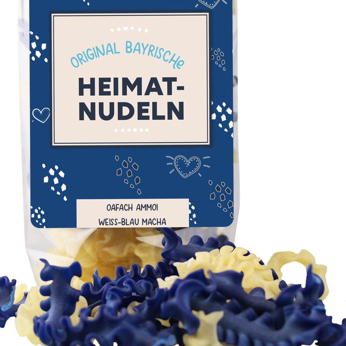 Geschenkbox Lass da schmecka, bayerische Heimatnudeln in blau-weißen Spiralen auf weißem Hintergrund.