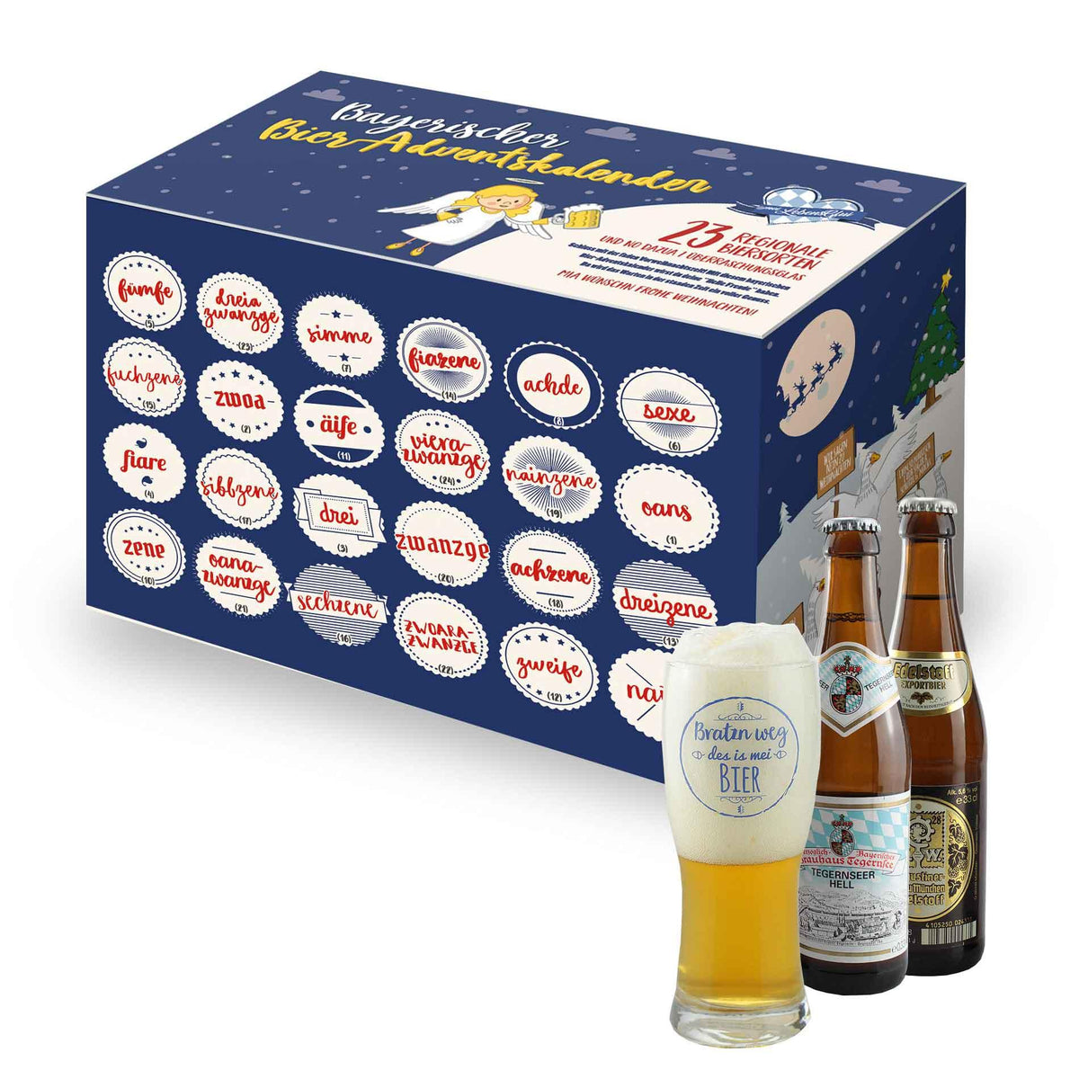 Bayerischer Bier Adventskalender mit 24 Türchen und einem Bierglas, daneben zwei helle Bierflaschen.