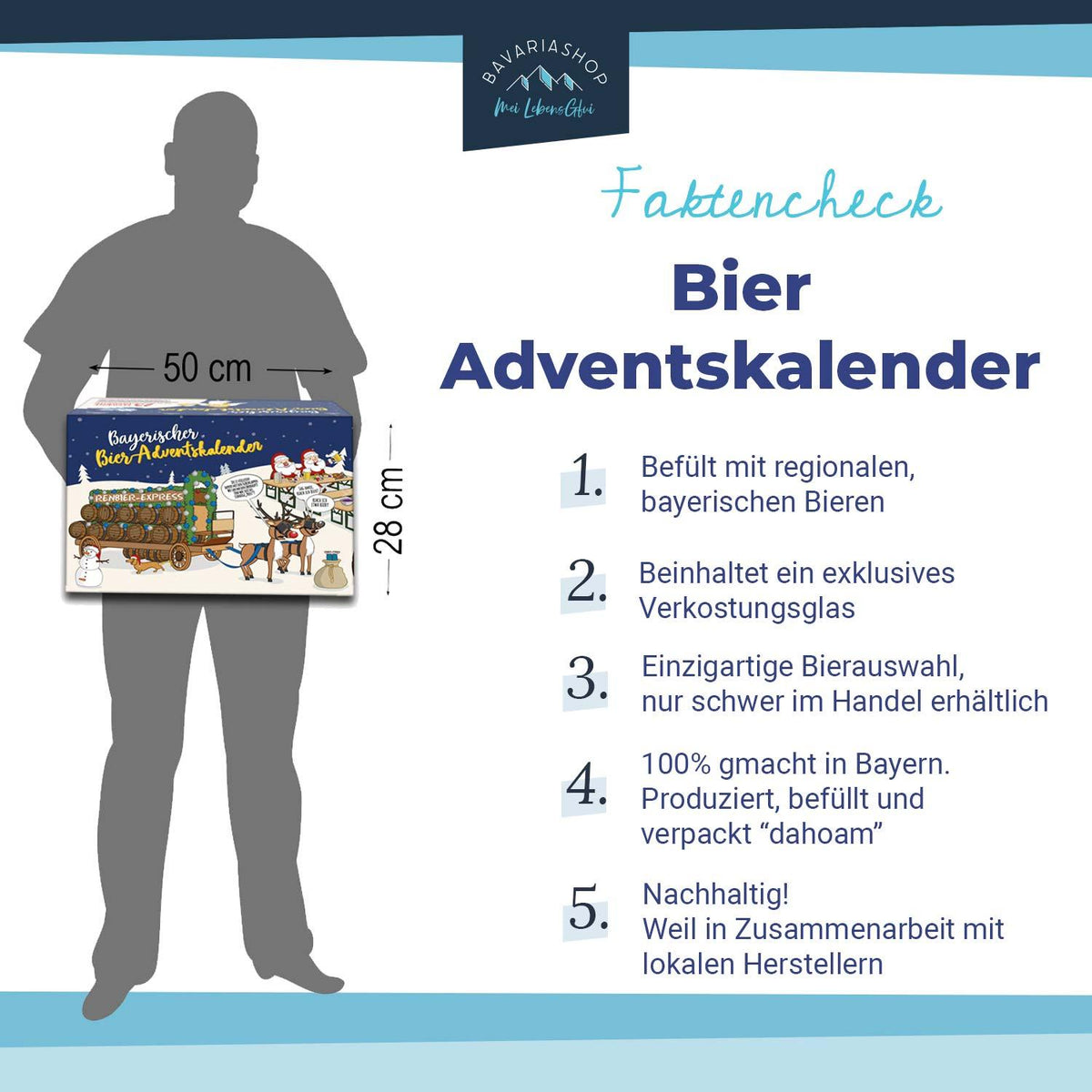 Größenvergleich für bayerischen Bier Adventskalender mit 50x28cm Maßen und Qualitäts-Fakten.