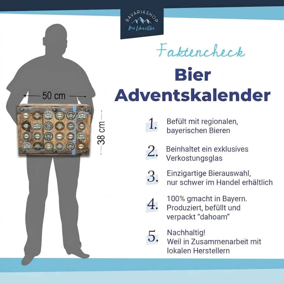 Bayerischer Bier Adventskalender im Holzkistl, 50x38cm, mit regionalen Bieren und Verkostungsglas.