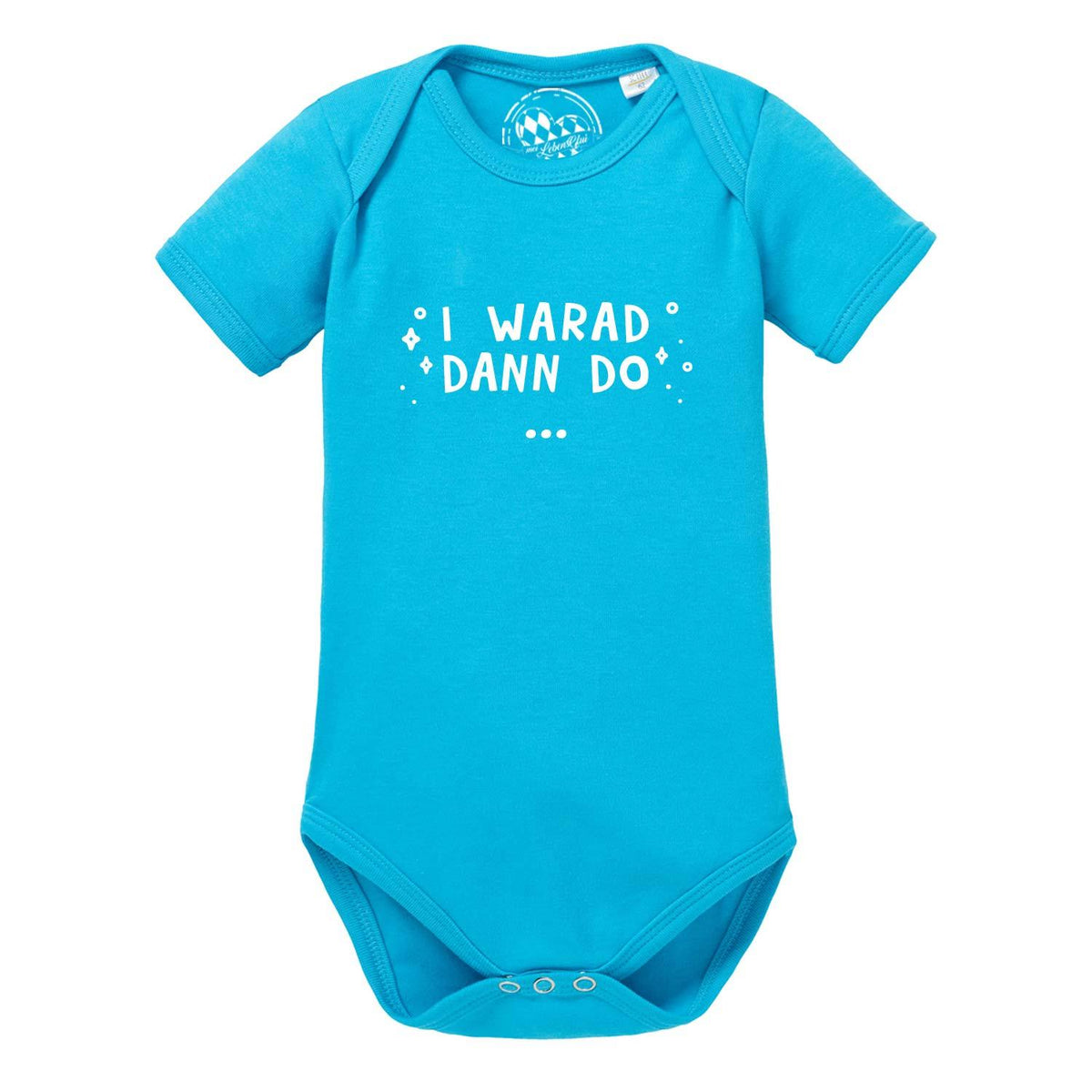 Blauer Baby Body I warad dann do mit weißem Spruch und Glitzer-Details, kurzärmelig, Druckknöpfe unten