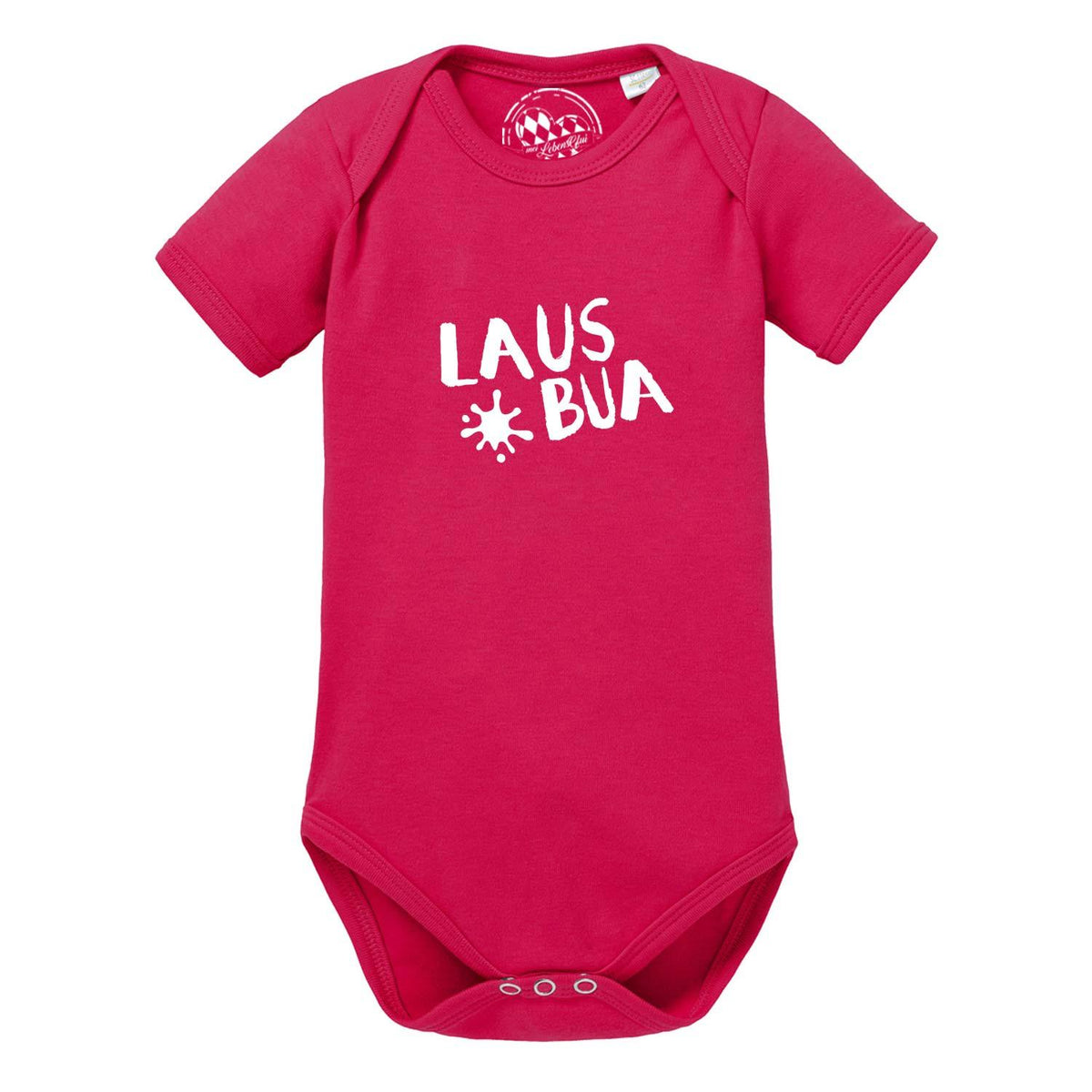 Fuchsiafarbener Baby Body Lausbua mit weißem Schriftzug und Spritzer, bequeme Kurzarm-Babykleidung.