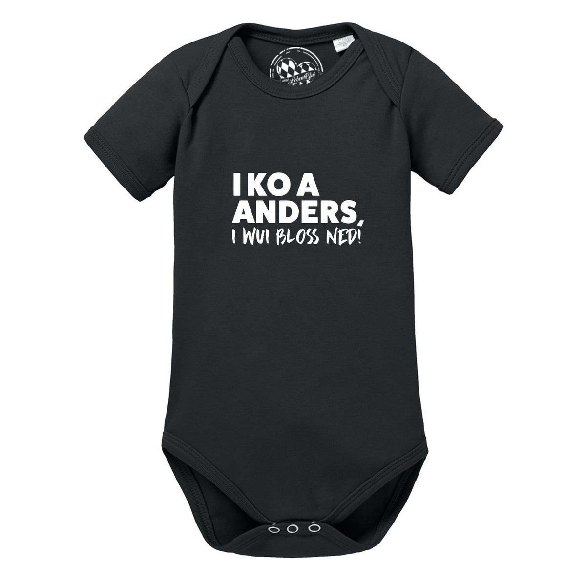Schwarzer Baby Body I wui bloß ned mit weißem, humorvollem bayerischen Spruch als Aufdruck, Kurzarm.