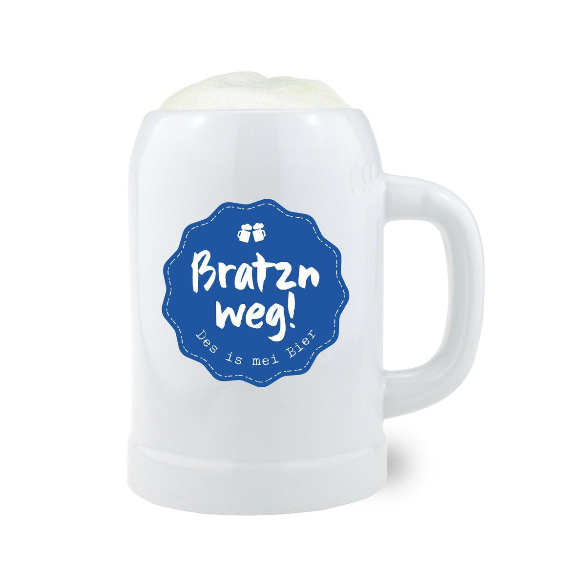 Keramik-Bierkrug mit schwarzem Schriftzug „Bratzn weg“ im Retro-Stil, halbrunde Form, cremefarben, 0,5 l, ca. 126 mm hoch.