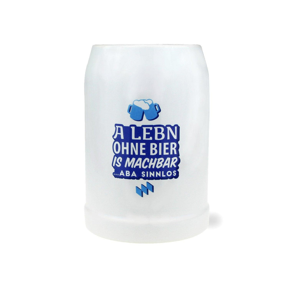 Hellgrauer Bierkrug aus Keramik mit Standardform und schwarzem Aufdruck „ohne Bier“, Fassungsvermögen 0,5 l.