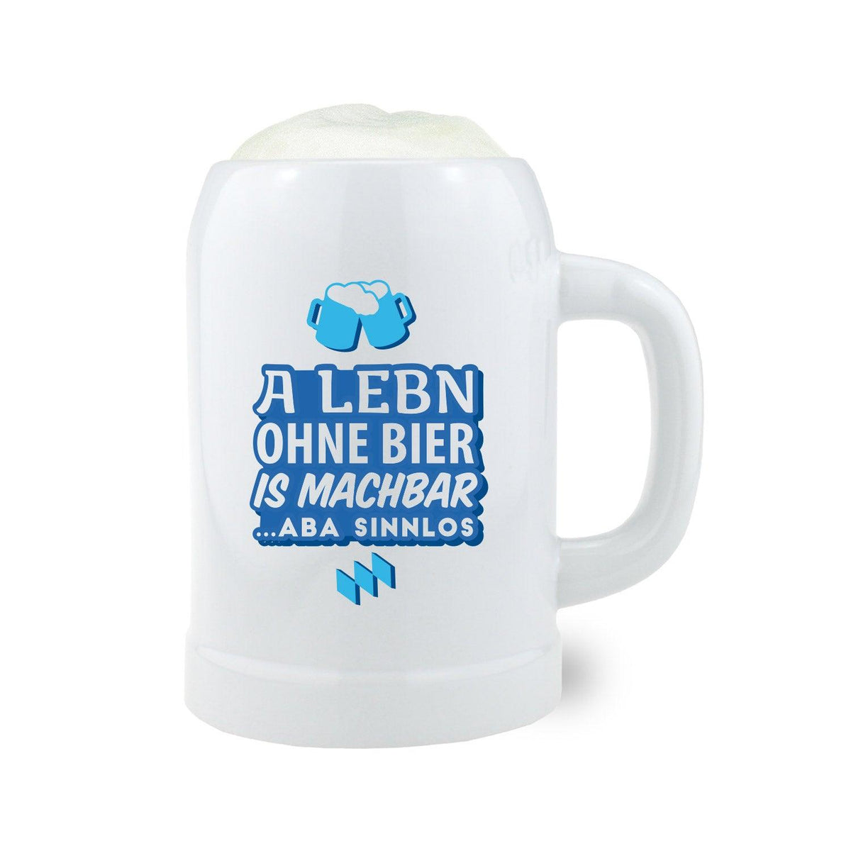 Weißer Bierkrug mit bauchiger Form, Aufdruck „ohne Bier“ in Schwarz, Keramik, 0,5 l, ca. 126 mm hoch.