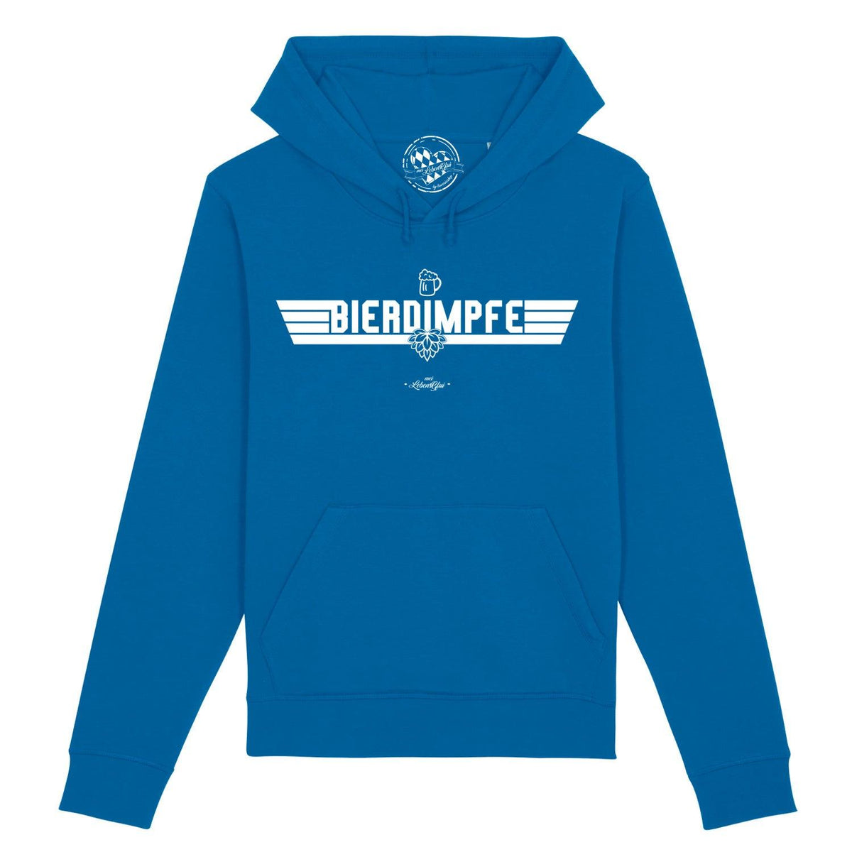 Blauer Herren Hoodie Bierdimpfe mit weißem Aufdruck aus Bierkrug, Hopfen und Flügeln, in Frontansicht.