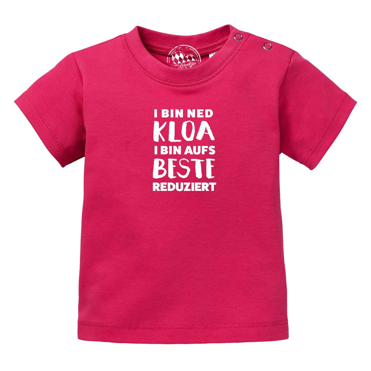 Pinkfarbenes Baby T-Shirt "aufs Beste reduziert" mit weißem Aufdruck und praktischen Druckknöpfen.