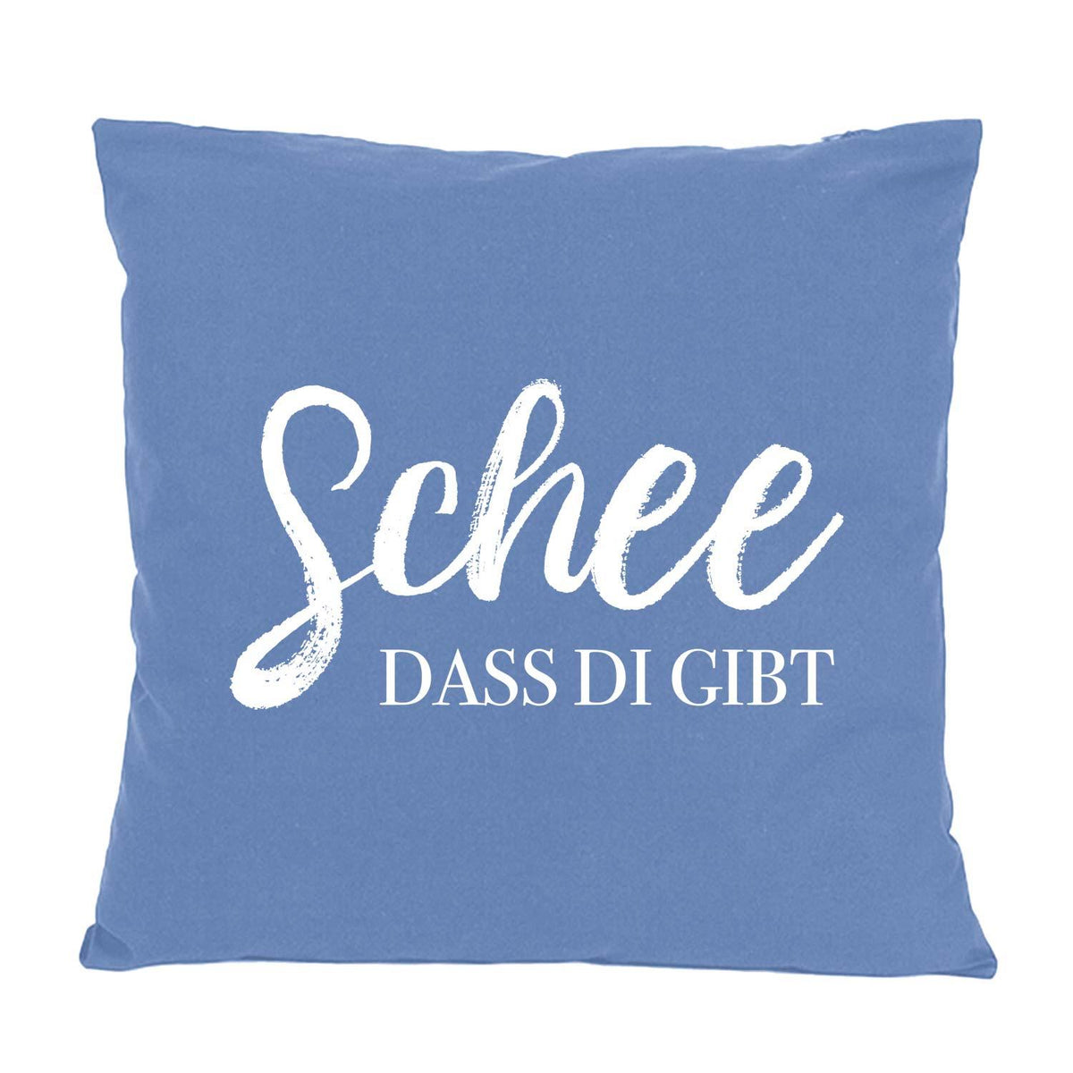 Blaues Kissen Schee, dass di gibt mit weißem Schriftzug, gemütliches Dekokissen für Sofa oder Bett.