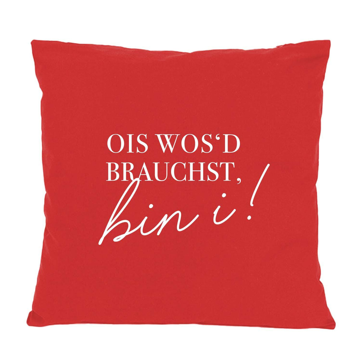 Rotes Dekokissen "Ois wos'd brauchst..." mit weißem Spruch in bayerischem Dialekt, modernes Sofakissen.