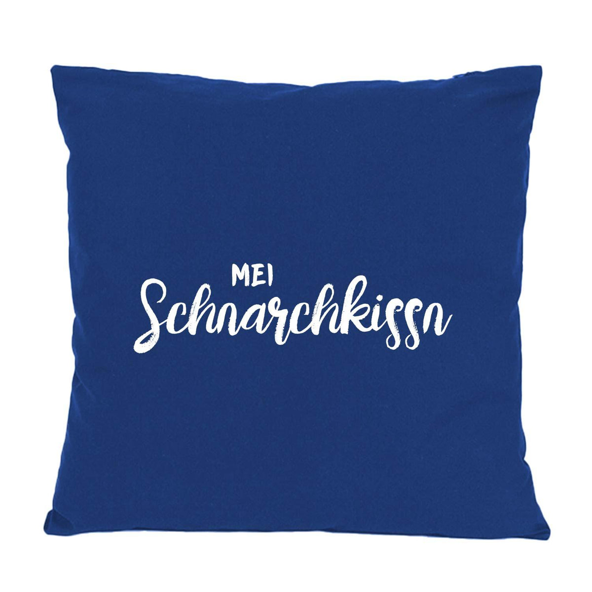 Dunkelblaues Kissen Mei Schnarchkissn mit weißem, verschnörkeltem Schriftzug auf weichem Baumwollstoff.