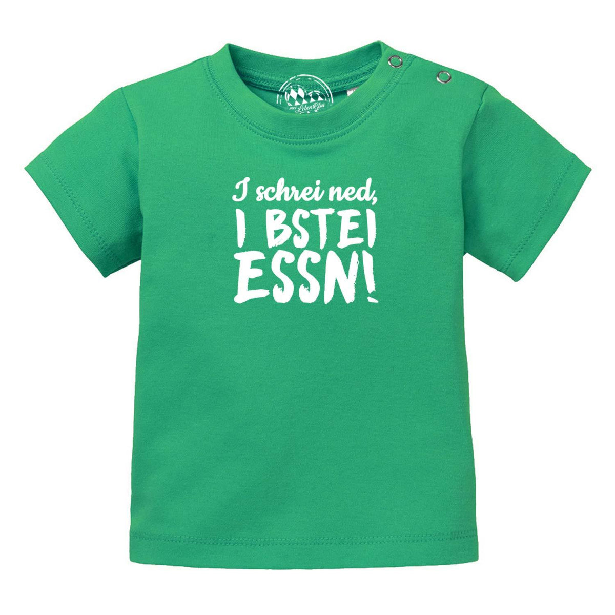 Grünes Baby T-Shirt I bstei Essn mit weißem Aufdruck und praktischen Druckknöpfen an der Schulter.