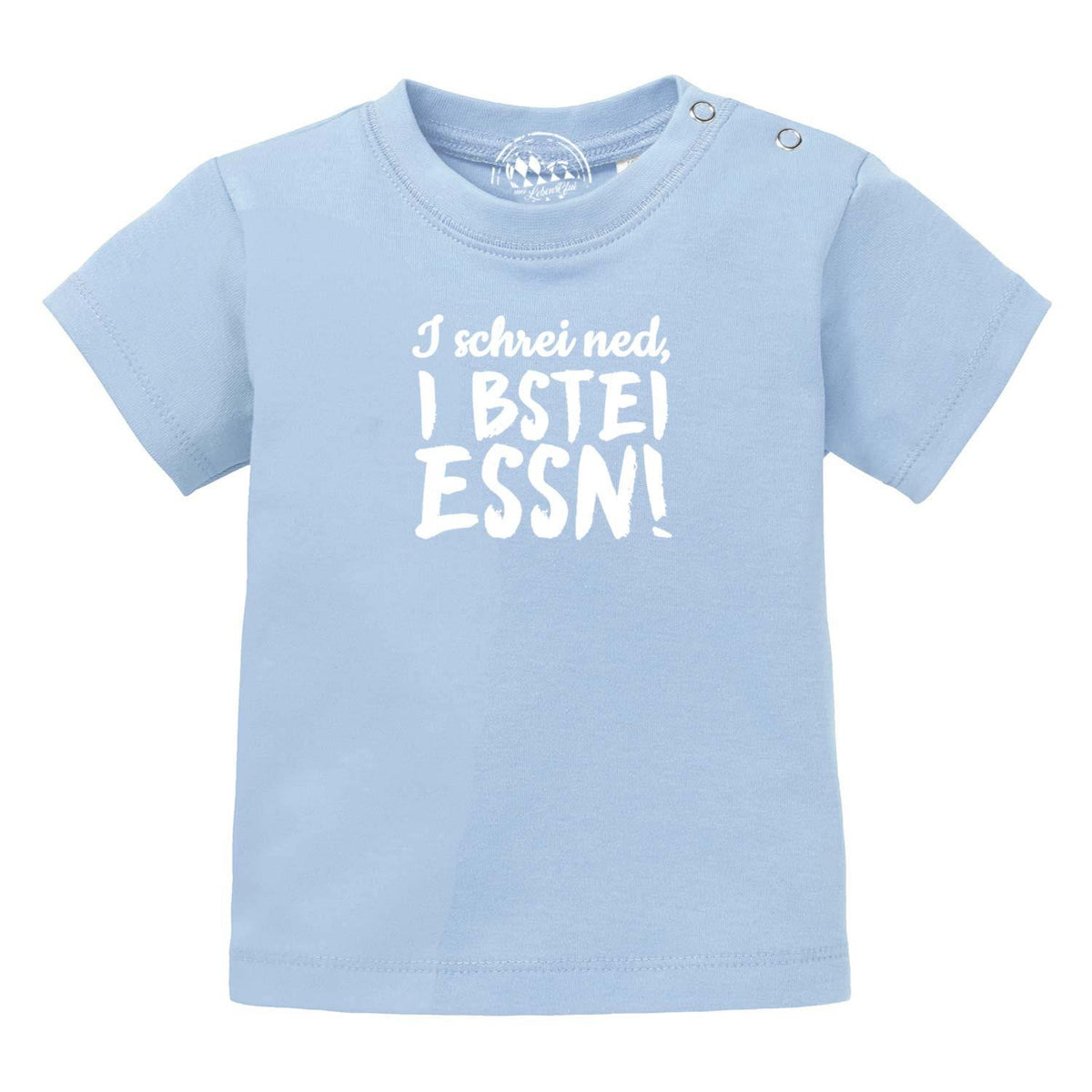 Helles blaues Baby T-Shirt I bstei Essn mit weißem Aufdruck und praktischen Druckknöpfen an der Schulter.