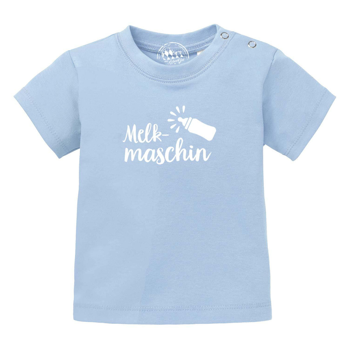 Himmelblaues Baby T-Shirt "Melkmaschin" mit lustigem Spruch und Flaschen-Motiv für Kleinkinder