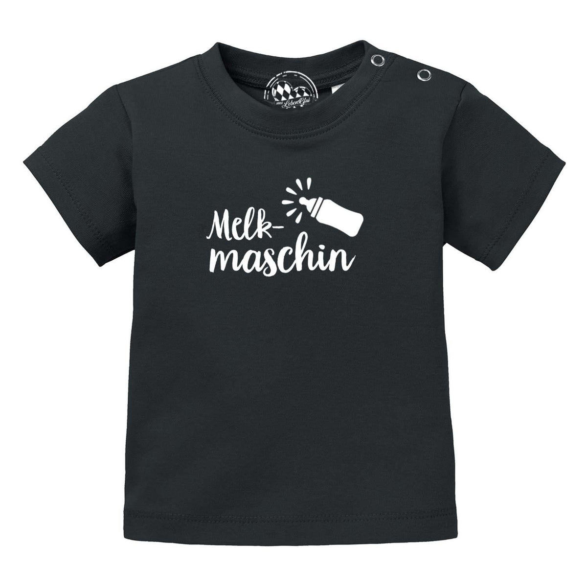 Schwarzes Baby T-Shirt Melkmaschin mit weißem Aufdruck und Flaschen-Motiv für Kleinkinder