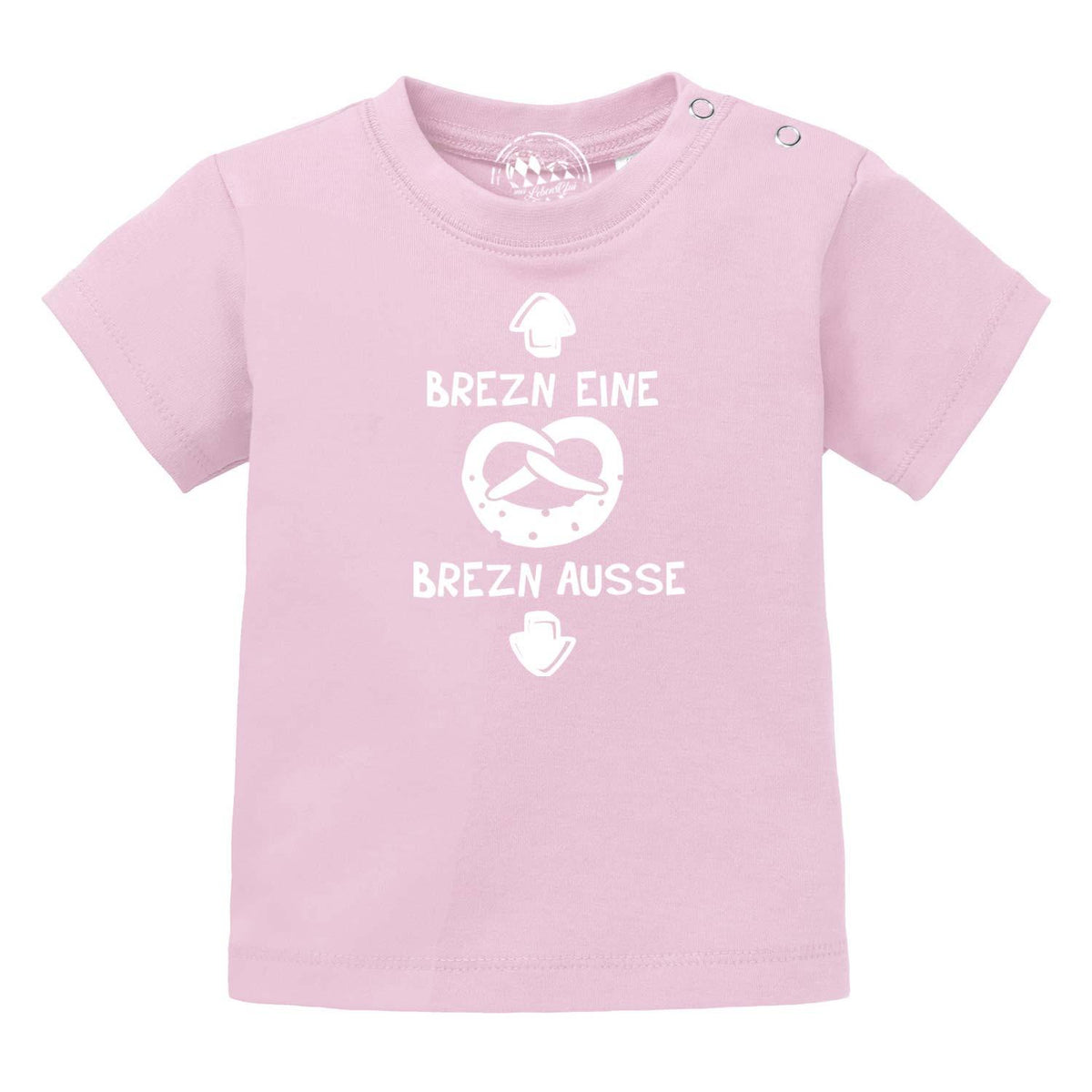 Rosa Baby T-Shirt Brezn aus Baumwolle mit weißem Brezen-Spruch und Druckknöpfen an der Schulter.