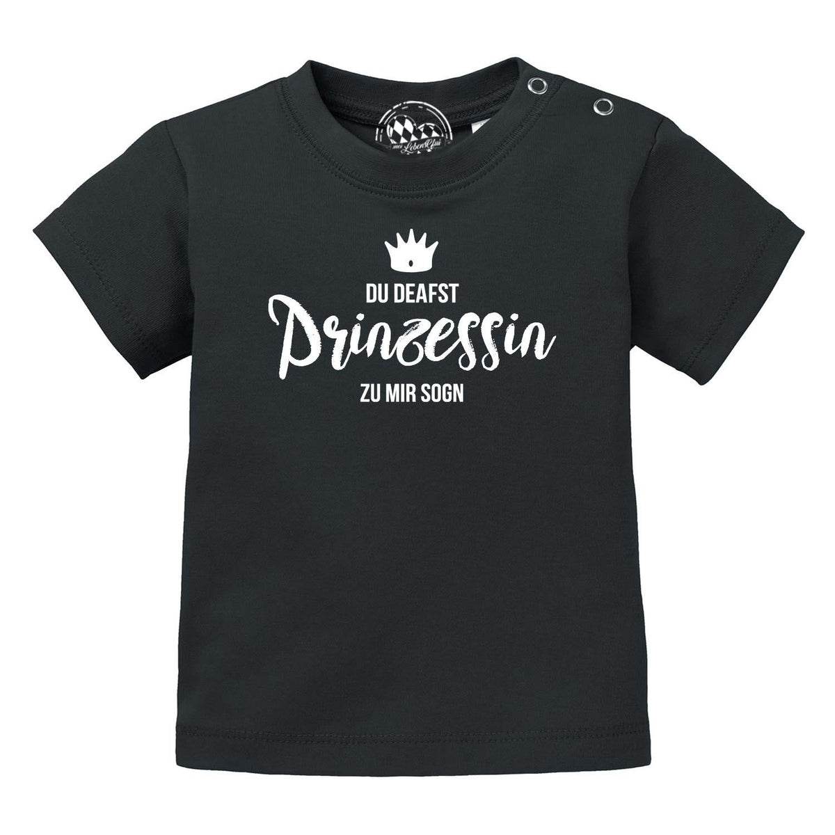Schwarzes Baby T-Shirt Prinzessin mit weißem Aufdruck Krone und Spruch Du deafst Prinzessin zu mir sogn.