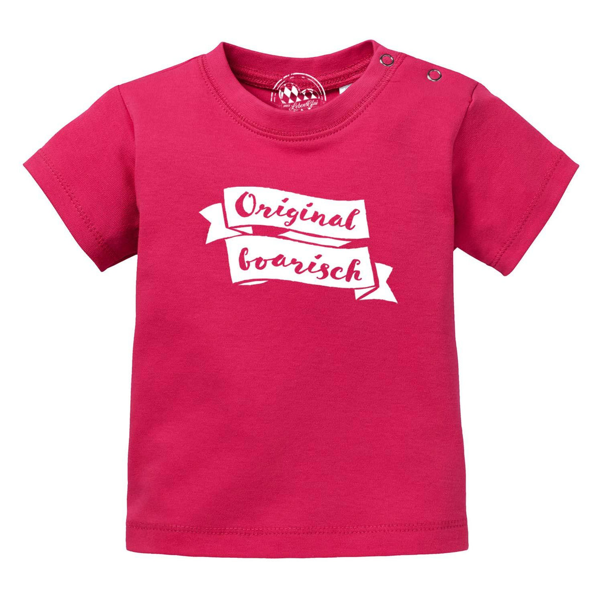 Baby T-Shirt Original boarisch in leuchtendem Pink mit weißem Schriftzug und Druckknöpfen an der Schulter