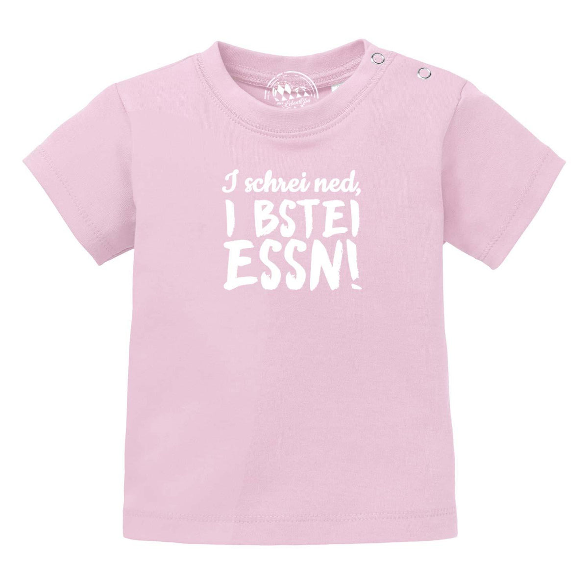 Rosa Baby T-Shirt "I bstei Essn…" mit weißem Spruch und praktischen Druckknöpfen an der Schulter.