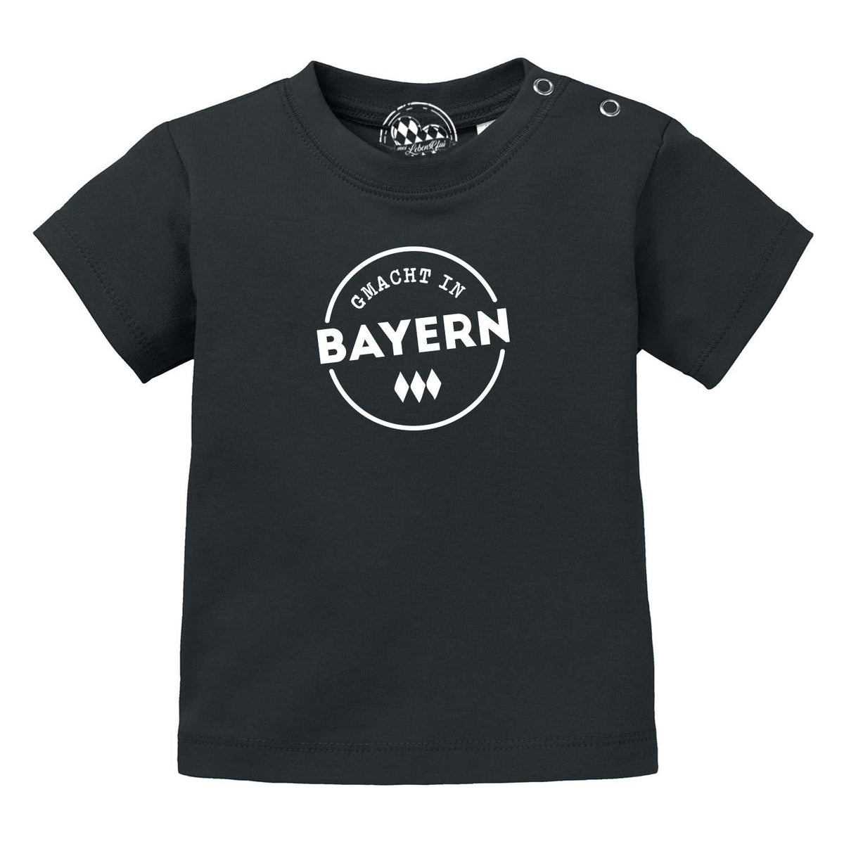 Schwarzes Baby T-Shirt "Gmacht in Bayern" mit weißem bayerischen Aufdruck und Rautenmuster.