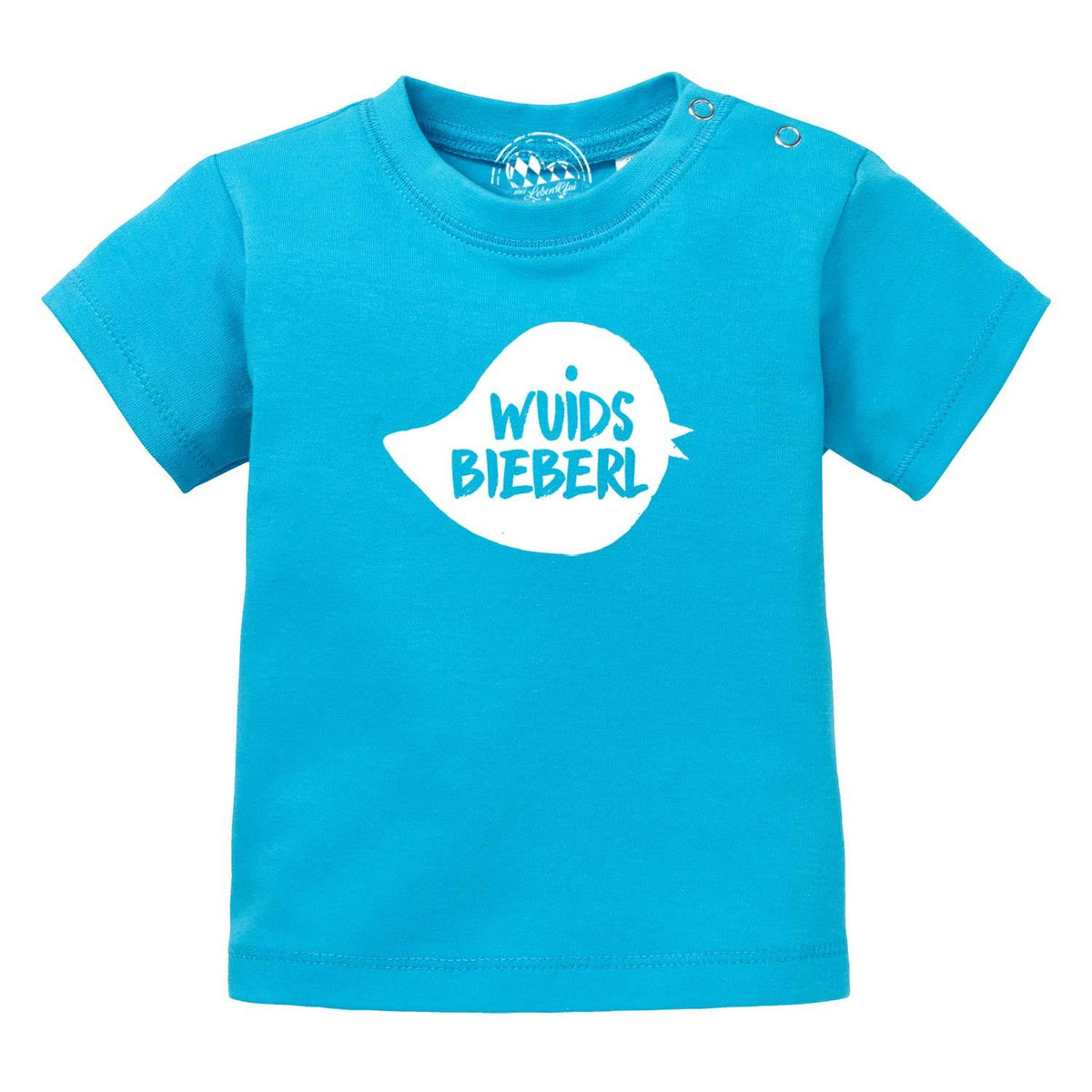 Blaues Baumwoll Baby T-Shirt Wuids Bieberl mit weißem Sprechblasen-Print und Druckknöpfen an der Schulter