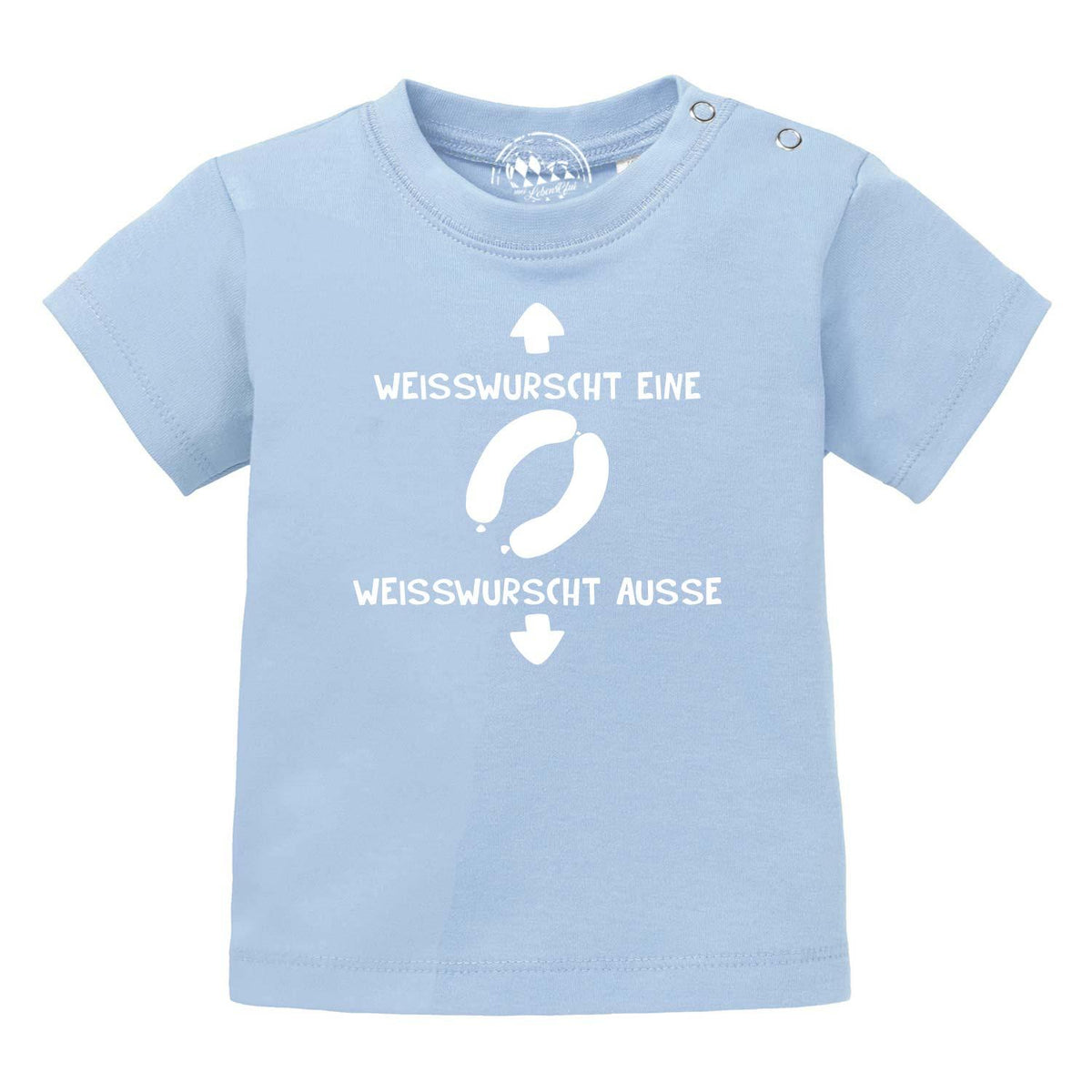 Helles blaues Baby T-Shirt "Weißwurscht" aus Baumwolle mit lustigem Aufdruck und Druckknöpfen an der Schulter.