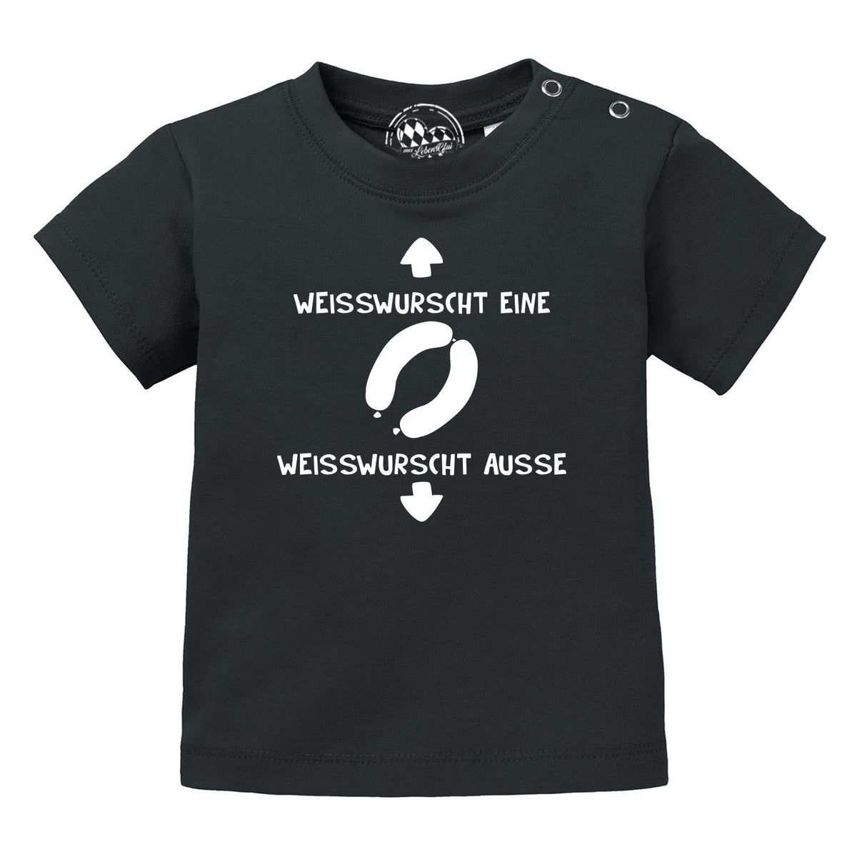 Baby T-Shirt Weißwurscht schwarz mit lustigem Spruch Weißwurscht Eine und Weißwurscht Ausse, dazu Wurst-Grafik.