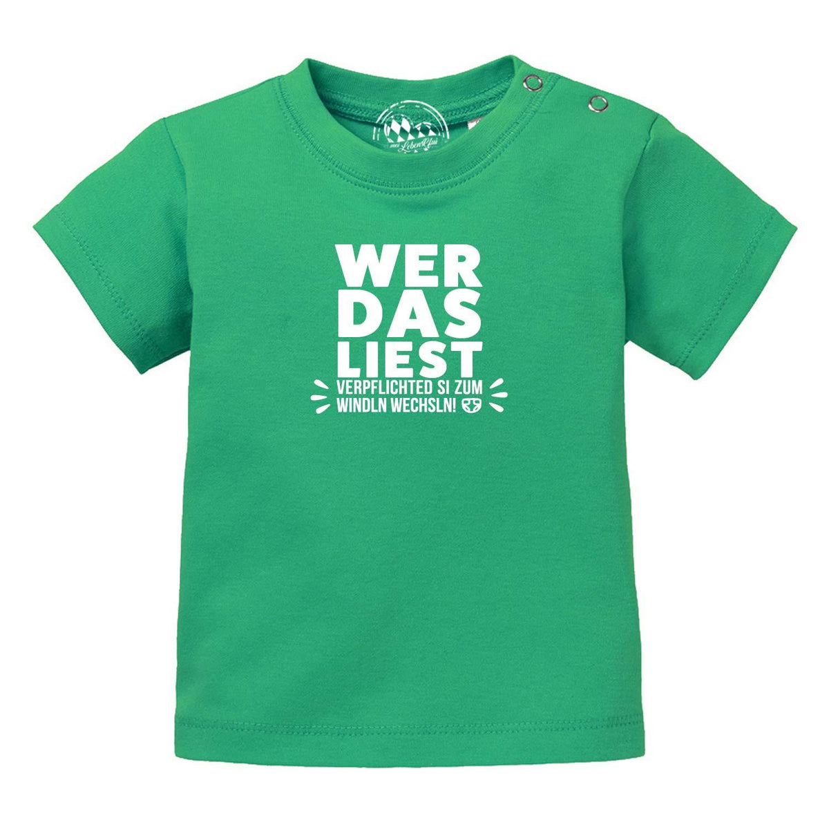 Grünes Baby T-Shirt Windln wechsln mit weißem Aufdruck und Schulterknöpfen für einfaches Anziehen.