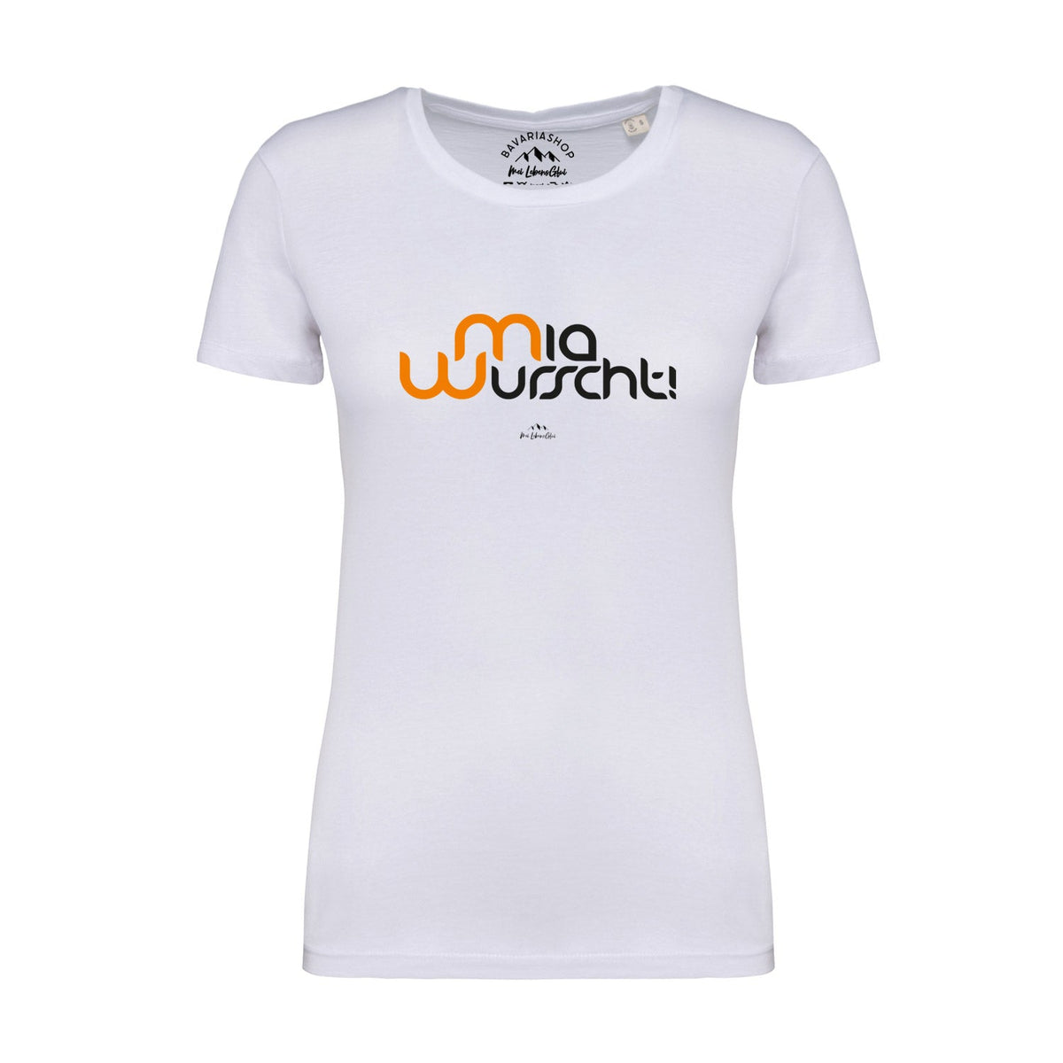 Weißes Damen T-Shirt "Mia Wurscht" mit orange-schwarzem Schriftzug auf der Brust, eng geschnitten.