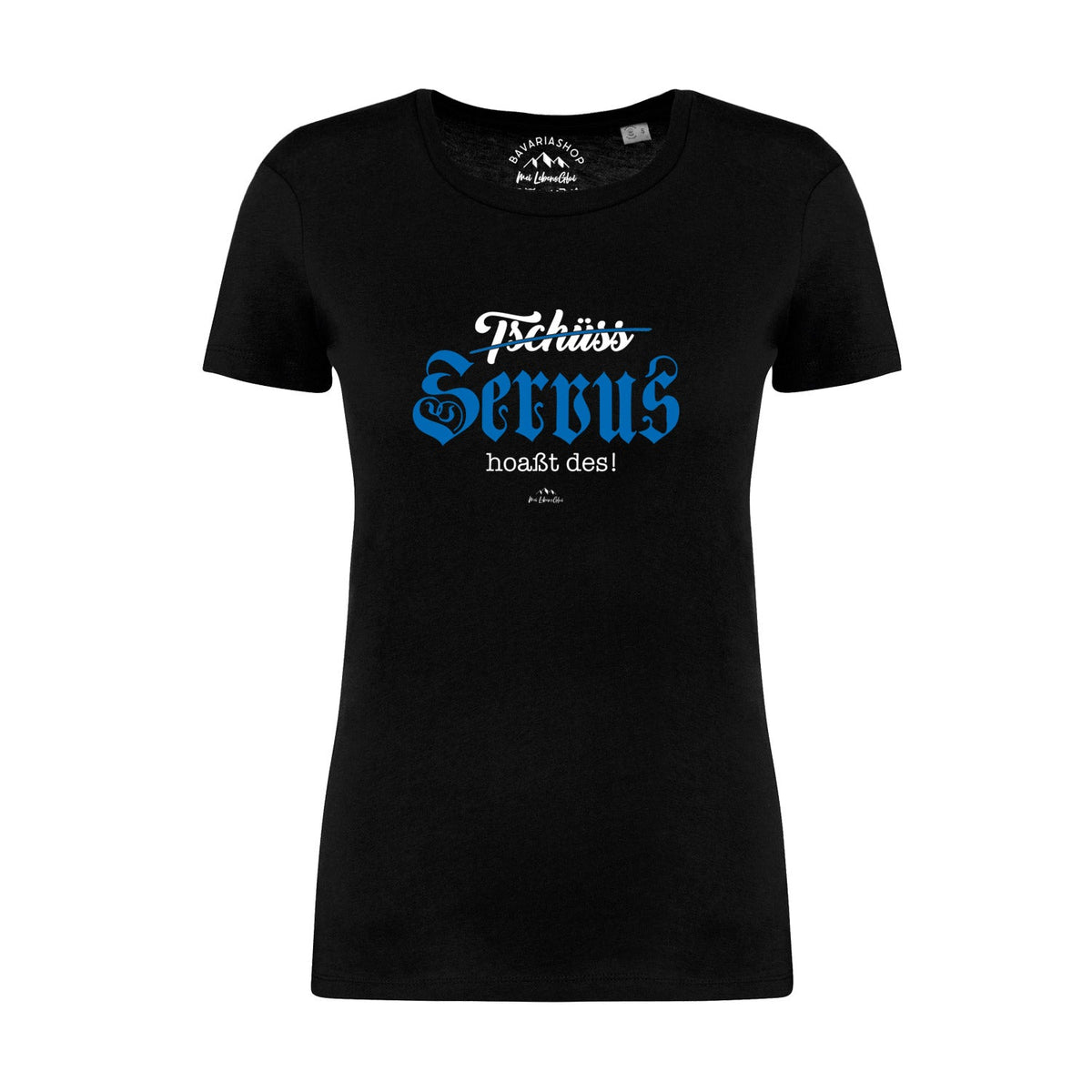 Schwarzes Damen T-Shirt "Servus hoaßt des" mit weißem und blauem Aufdruck in bayerischem Stil.