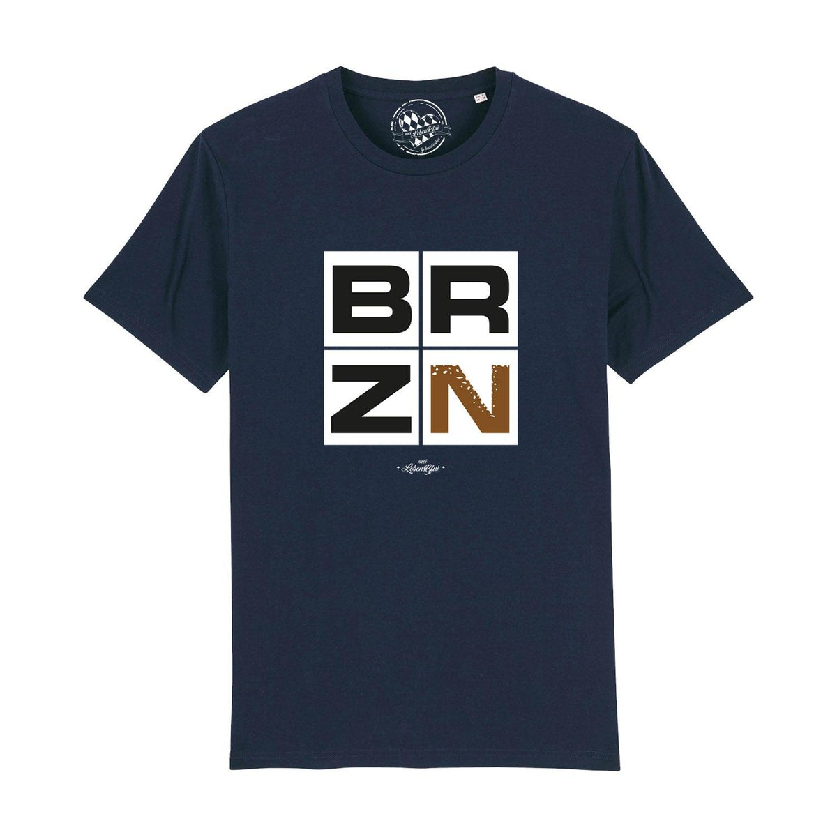 Dunkelblaues Herren T-Shirt BRZN mit weiß-braunem "BRZN" Logo-Print auf der Vorderseite, kurzärmlig.