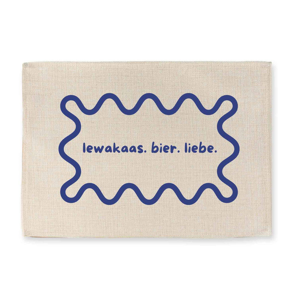 Beiges Tischset "lewakaas. bier. liebe." mit blauem Leberkäse-Umriss und Schriftzug in Weiß