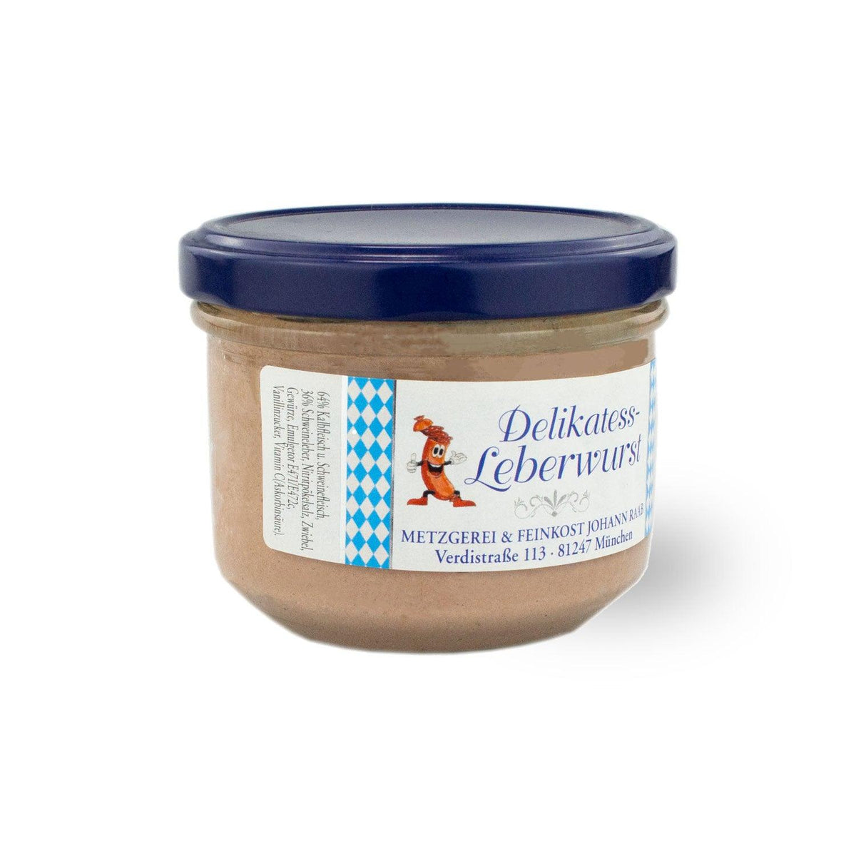 Bayrische Delikatess Leberwurst im Glas mit blauem Schraubdeckel, bayerischem Flaggenetikett und Zutatenliste