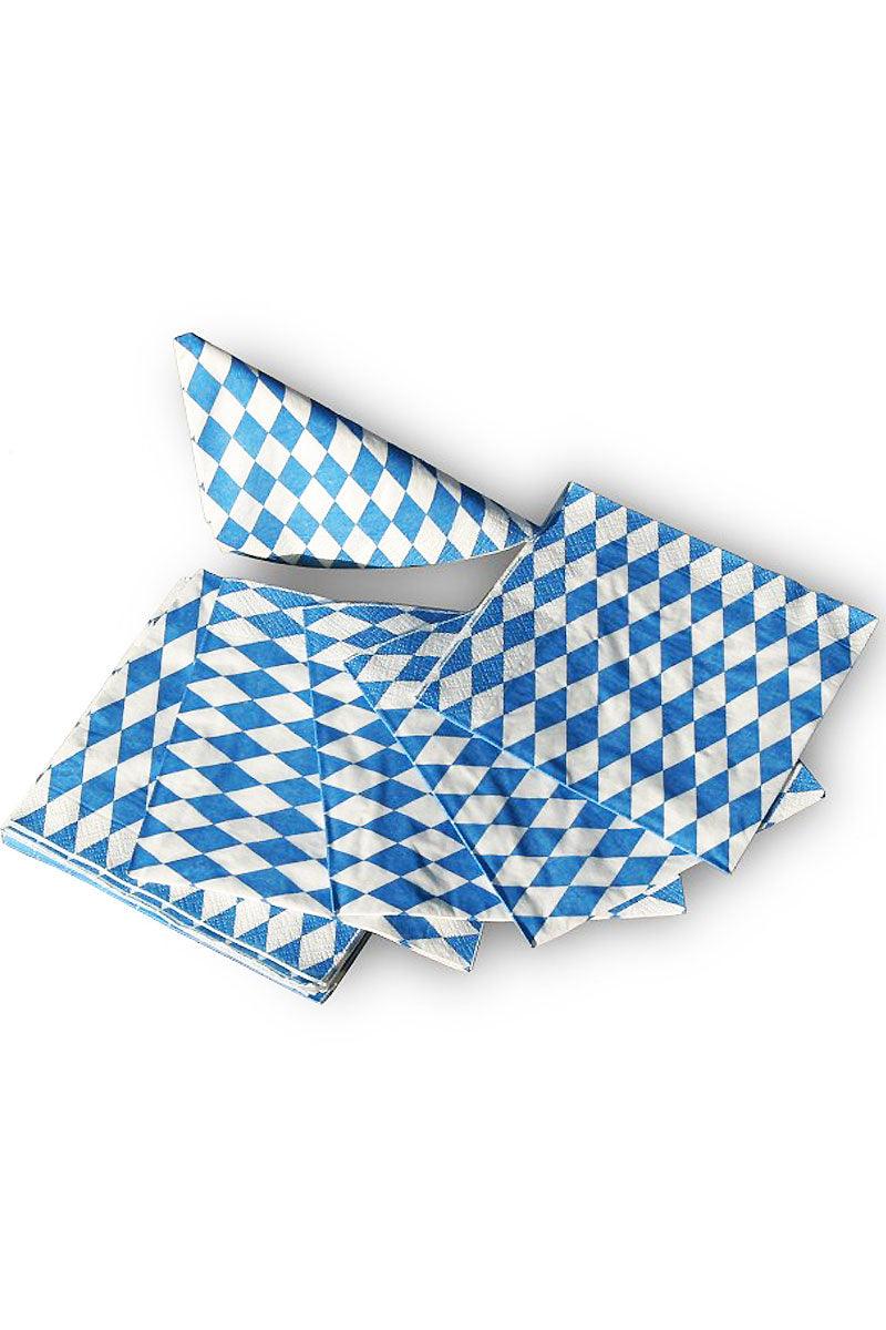 Bayerische Servietten mit traditionellem blau-weißem Rautenmuster in Stapel und gefaltet, ideal für Feste.
