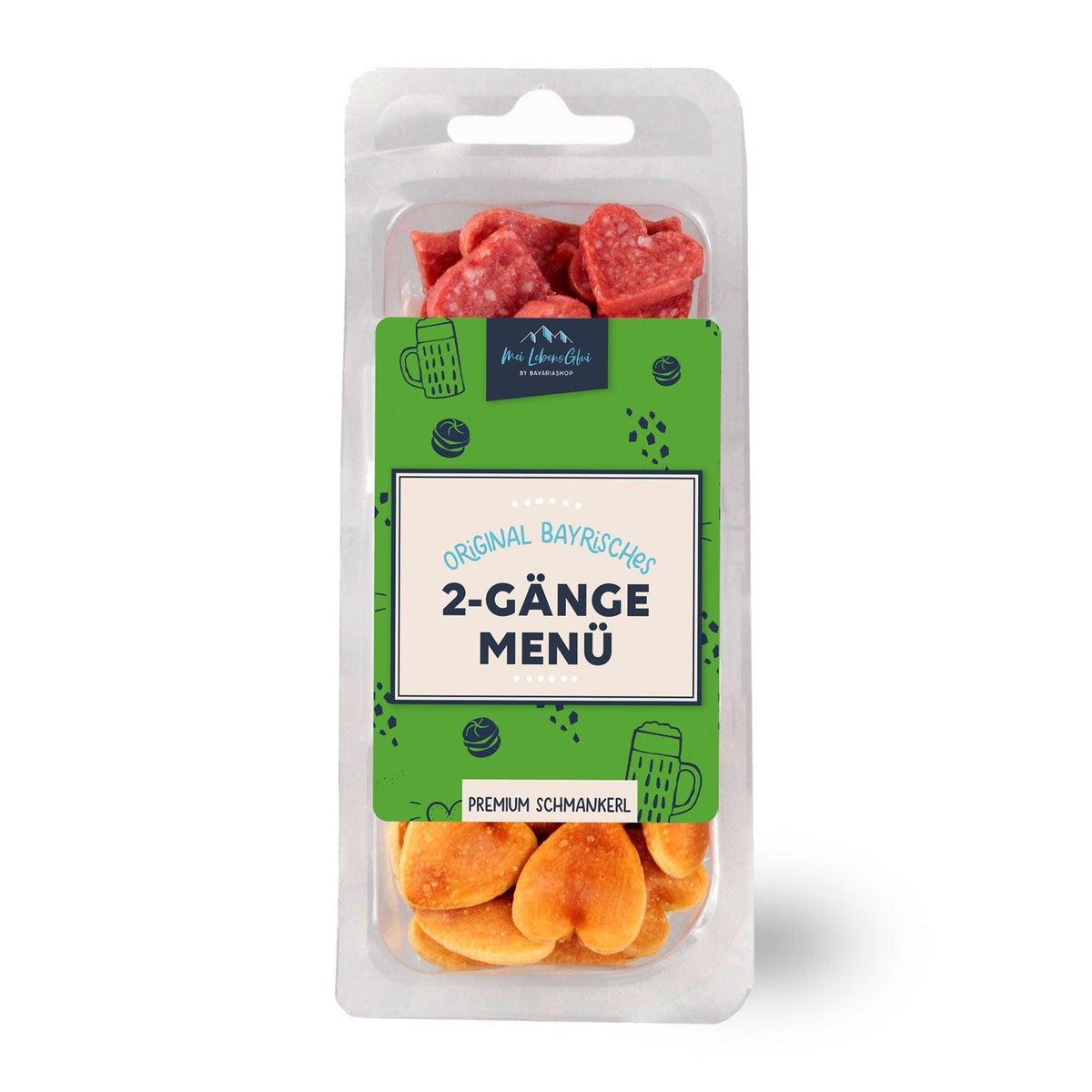 Geschenkbox Fia echte Kerle, bayrisches 2-Gänge Menü mit herzförmiger Salami und Gebäck im Blister.