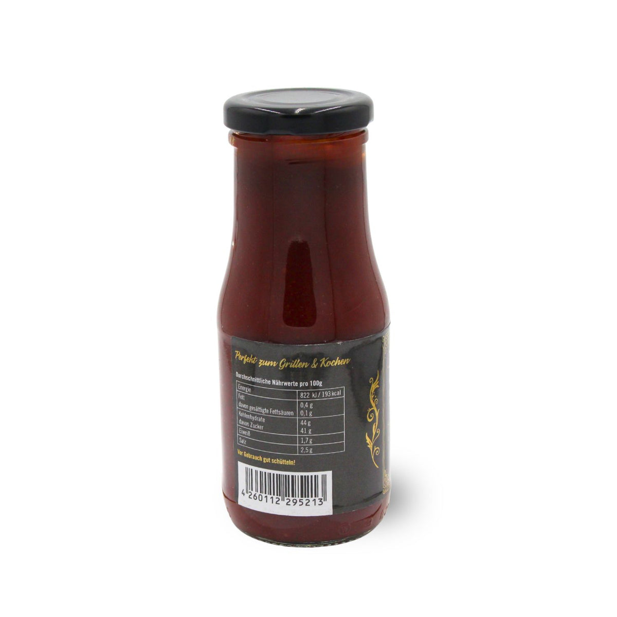 Braune Glasflasche mit schwarzem Deckel, rustikales Design