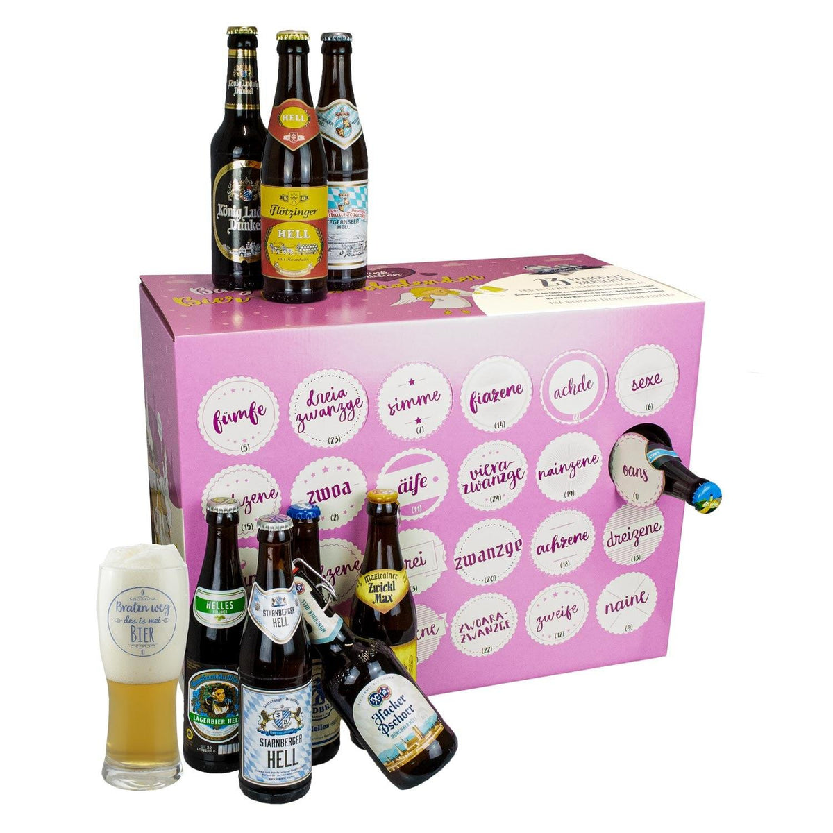 Bunt gefüllter Bier Adventskalender PINK Edition mit verschiedenen Biersorten, Glas und Flaschen im Vordergrund.