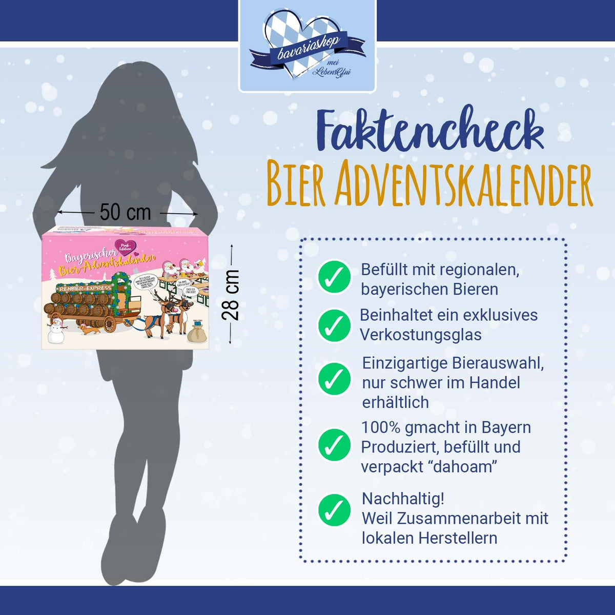 Bier Adventskalender PINK Edition, Maße ca. 50 × 38 cm, mit 23 bayerischen Bieren und Verkostungsglas