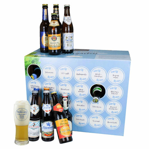 Bier-Box „Bayerischer Biergarten“ mit 24 runden Türchen, bayerischen Bierflaschen und Verkostungsglas „Bratzn weg“ – Bier-Geschenk mit 23 Bieren