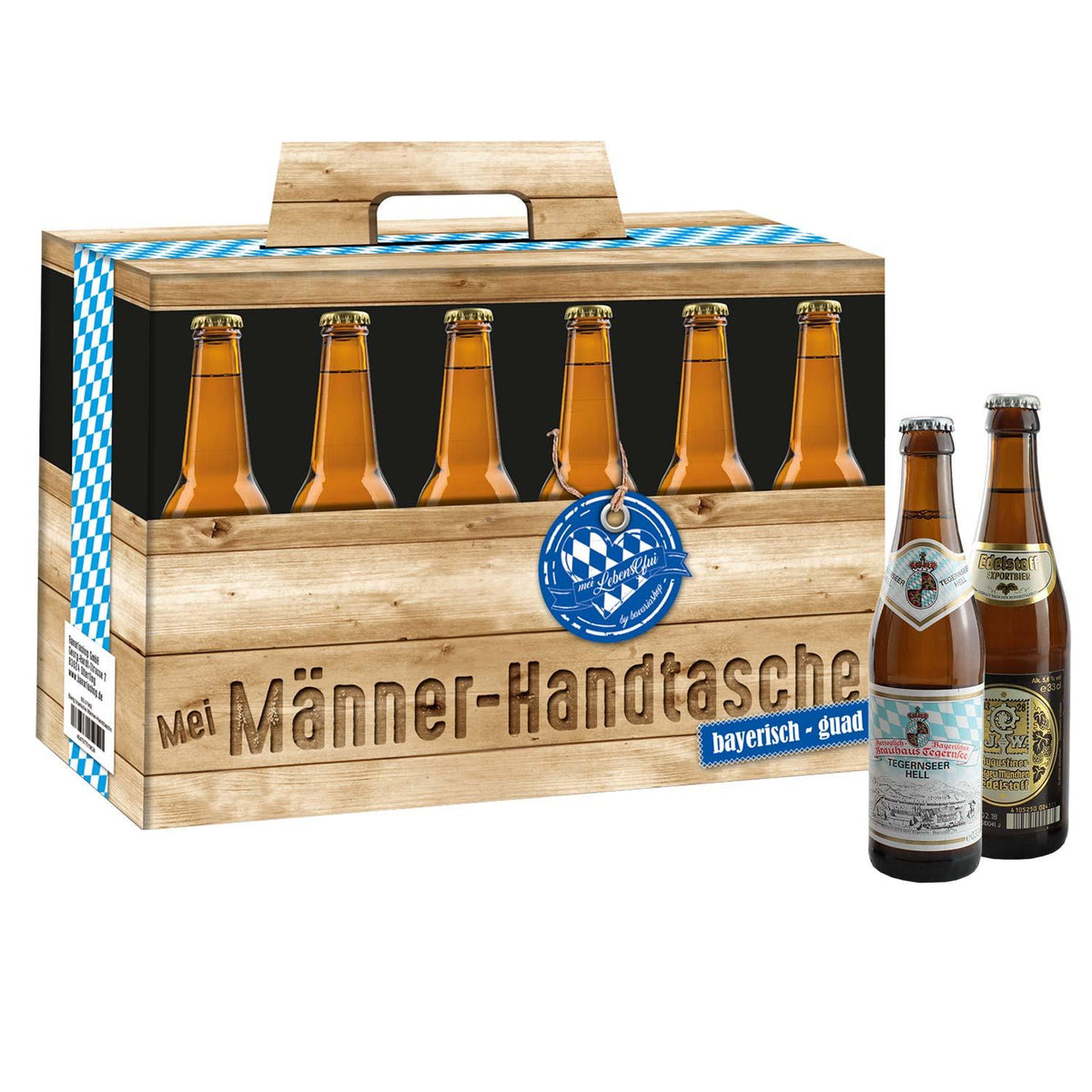 Männer-Handtasche Tragekarton mit aufgedruckten Bierflaschen und Griff, davor zwei bayerische Biere