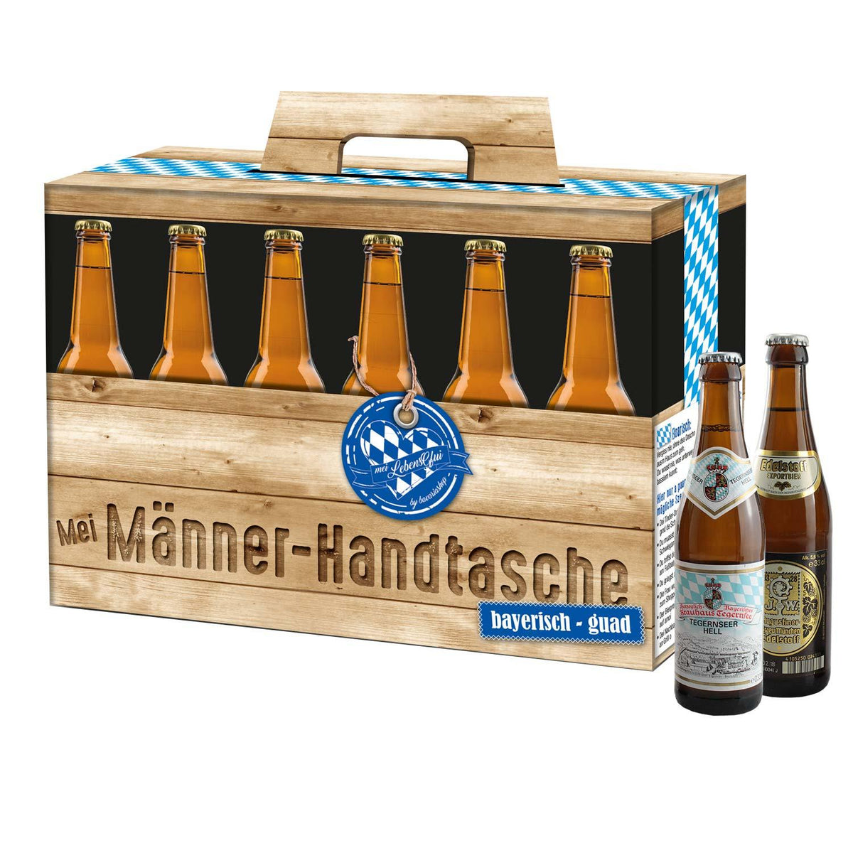Nahaufnahme Männerhandtasche Bier: Karton in Holzoptik mit blau-weißem Rautenmuster und Aufdruck
