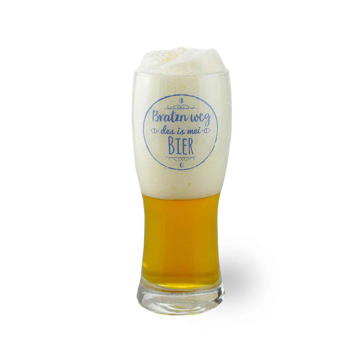 Bierglas mit leicht bauchiger Form, transparentem Glas und schwarzem Schriftzug „Bratzn weg“ in Frakturschrift, 0,3 l.