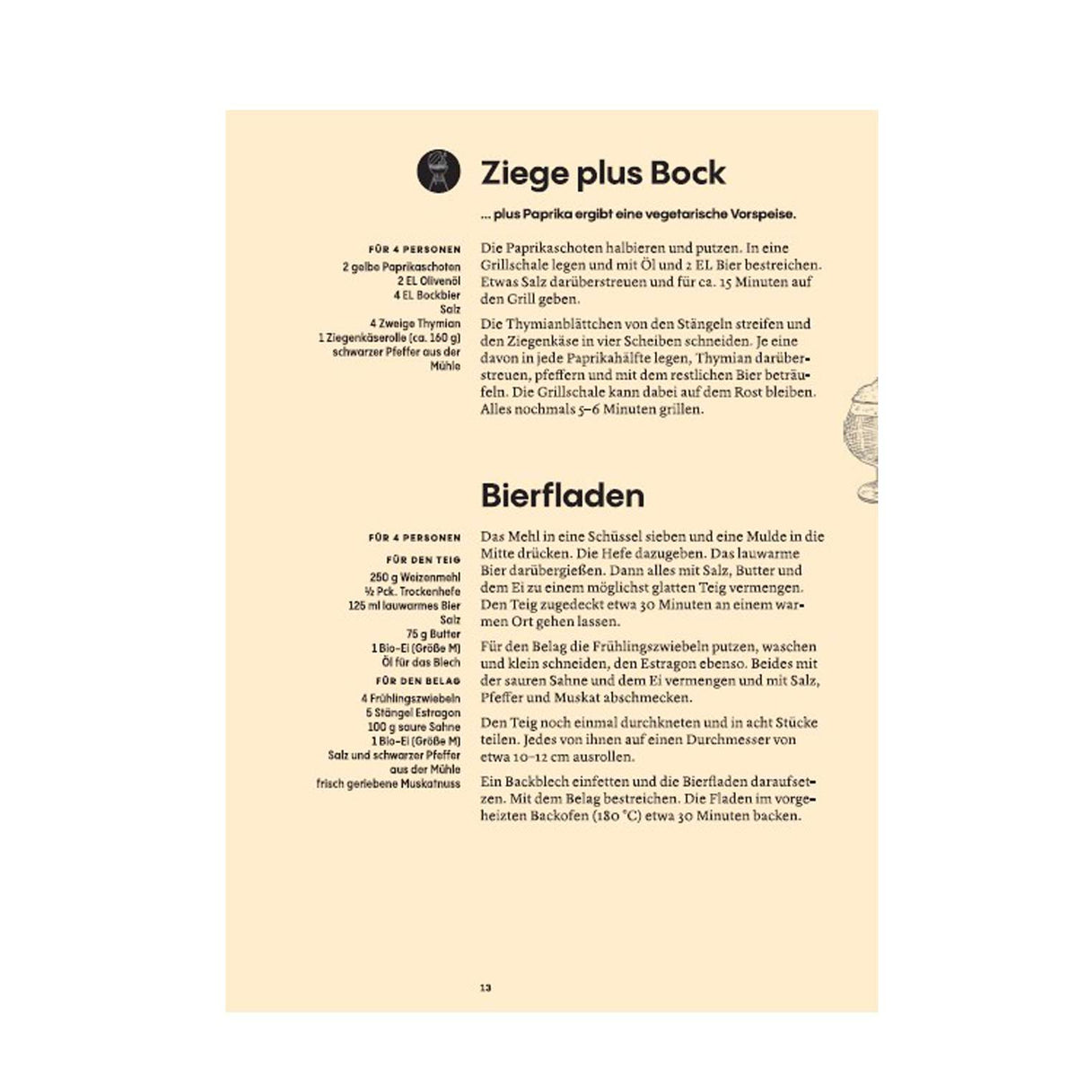 Seite aus dem Bierkochbuch mit Rezepten für Ziege plus Bock und Bierfladen, detailreich und appetitlich.