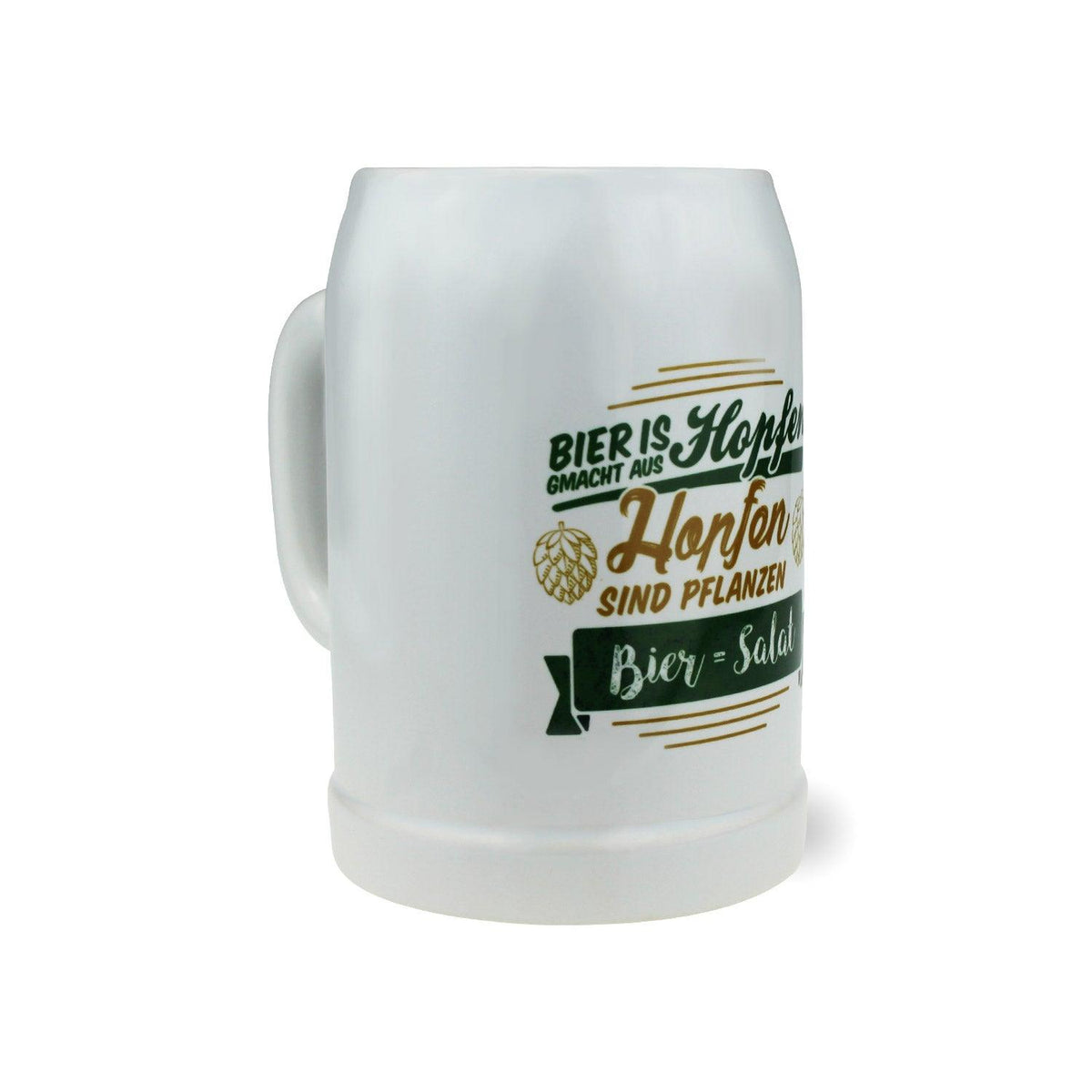Beiger Bierkrug mit Henkel, schwarzem Schriftzug „Bier = Salat“ und Salatmotiv, 0,5 l.