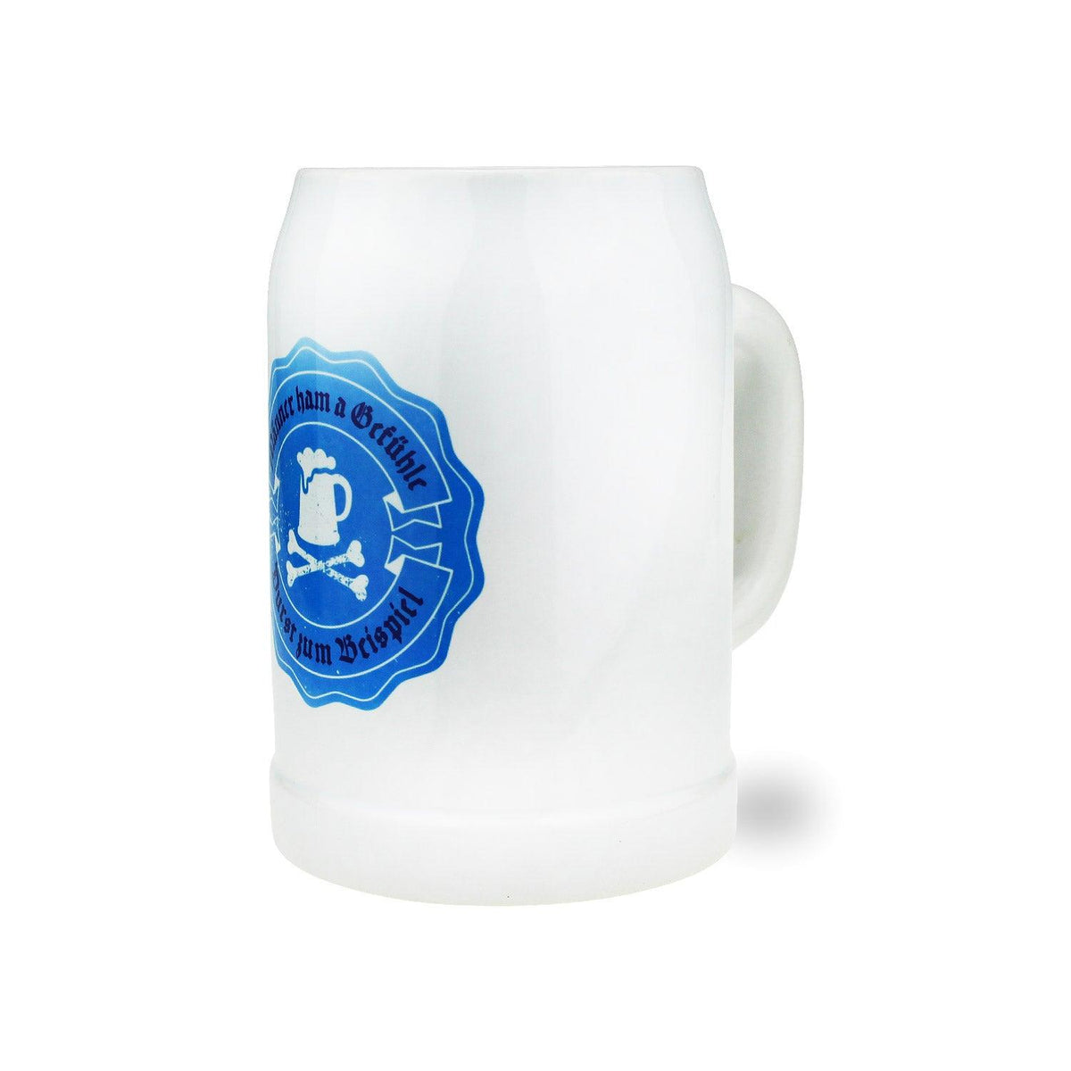 Weißer Bierkrug aus Keramik mit blauem Schriftzug „Männer ham a Gefühle“ in traditioneller Bayern-Optik, 0,5 l, 126 mm hoch.