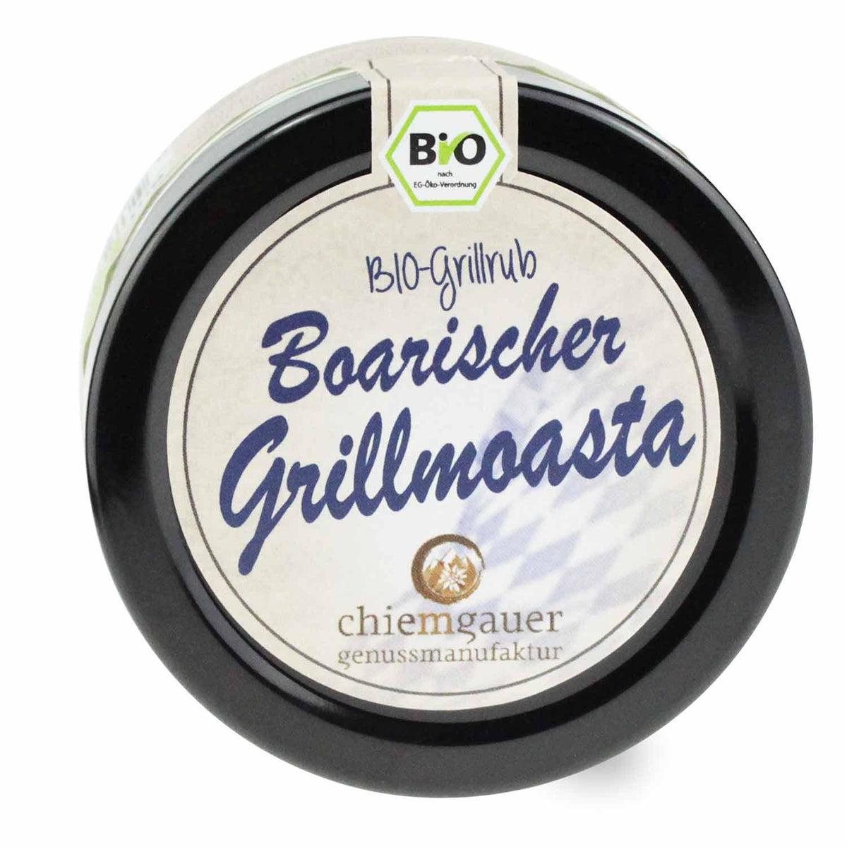 Bio-Grillrub mit grobem Steinsalz, Kräutern und Gewürzen, braun-grüne Mischung in loser Form, 80 g.