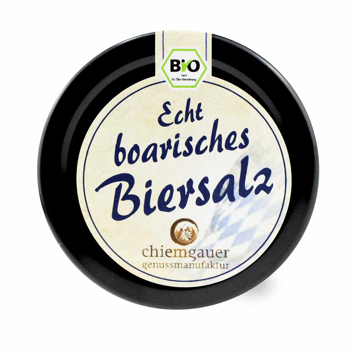 Grobes, beiges Bio-Steinsalz mit sichtbaren Kräutern und Zugabe von Hefeweißbier, Inhalt: 140 g.