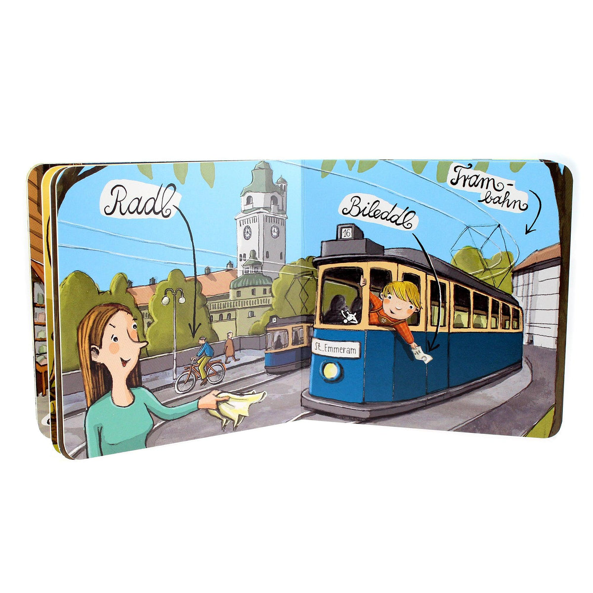 Kinderbuch Doppelseite mit Münchner Stadtansicht, Trambahn, Radfahrern und Passanten, Text "Radl", "Biledall" und "Trambahn".